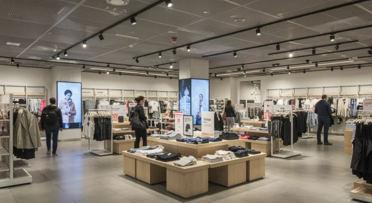Modern retail store interior with customers browsing, clean design, and digital displays