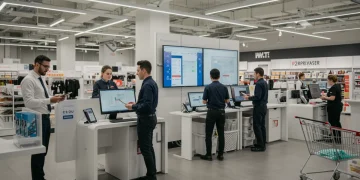 Modern retail workforce collaborating with technology for increased productivity