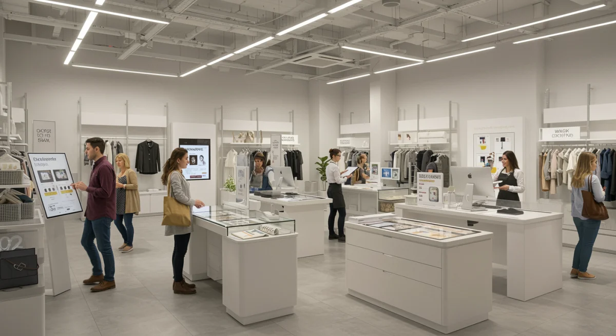 Shoppers interacting with interactive displays in a modern omnichannel retail environment.