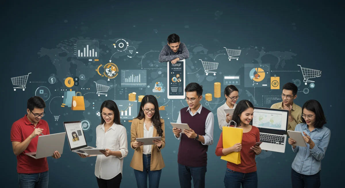 Consumers engaging in online shopping across multiple devices