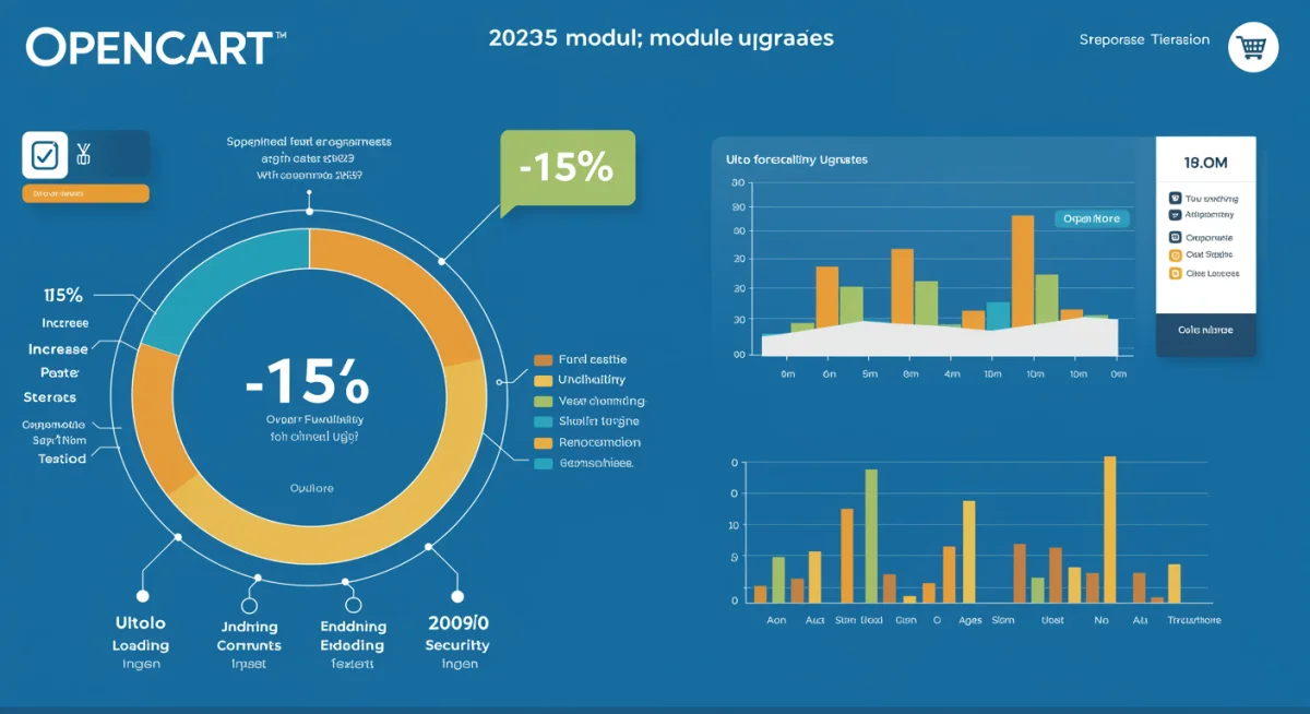 Infographic detailing OpenCart 2025 module improvements and performance metrics