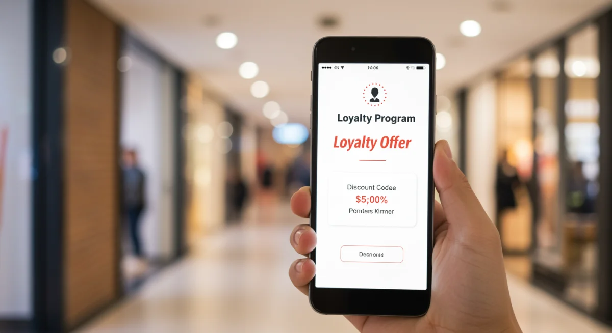 Hand holding a smartphone showcasing a personalized loyalty program offer, symbolizing direct customer benefits and engagement.