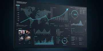 Futuristic dashboard showing programmatic ad data and 18% efficiency increase for US e-commerce