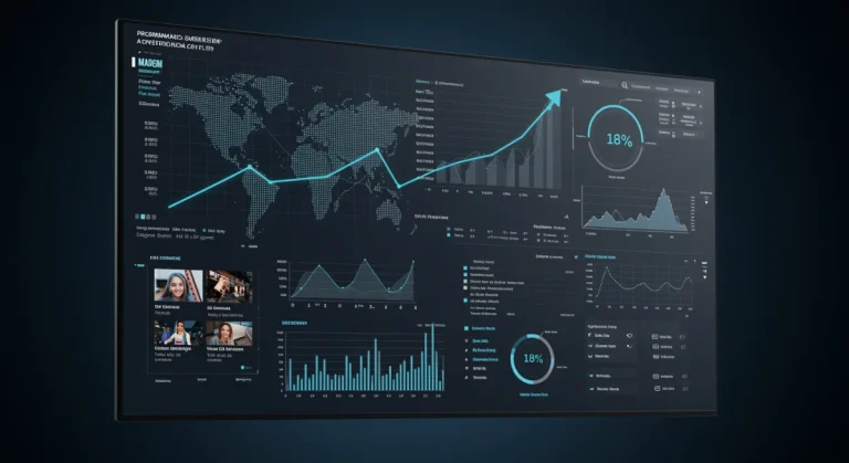Futuristic dashboard showing programmatic ad data and 18% efficiency increase for US e-commerce