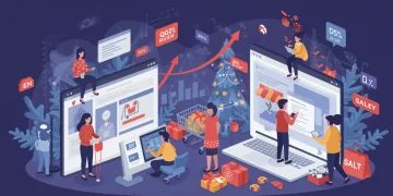 E-commerce shoppers engaging with devices amidst holiday decorations, symbolizing the Q4 2025 online sales surge.