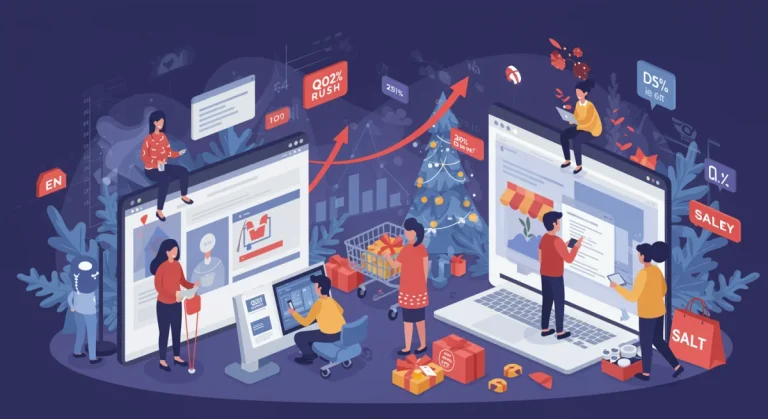 E-commerce shoppers engaging with devices amidst holiday decorations, symbolizing the Q4 2025 online sales surge.