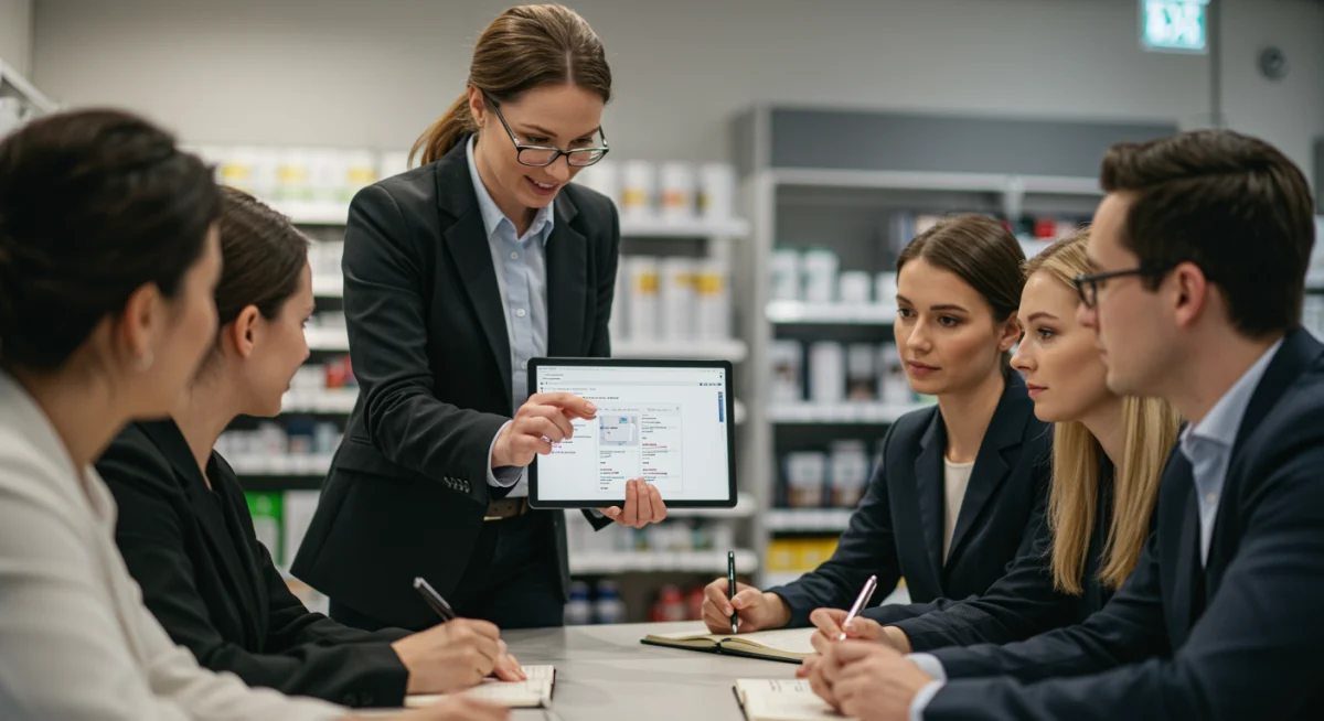 Retail manager training employees on new inventory management software