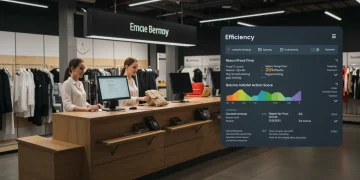 Customer returning product at a streamlined retail service desk with digital efficiency metrics.