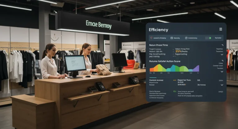Customer returning product at a streamlined retail service desk with digital efficiency metrics.