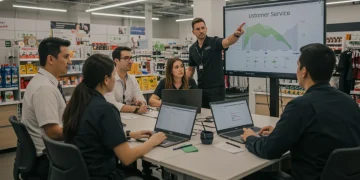 Retail staff actively participating in a dynamic training session focused on enhancing customer service skills and digital engagement.