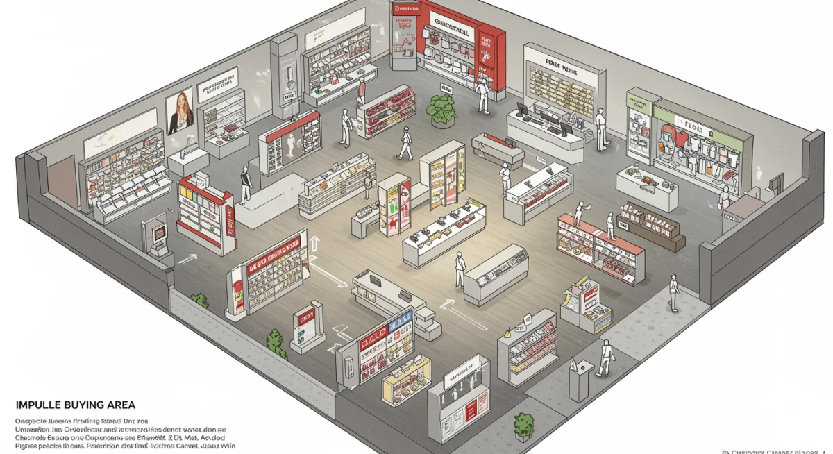 Detailed retail store floor plan with customer flow arrows
