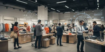 Modern retail store adapting to future consumer behaviors with digital screens and diverse shoppers.
