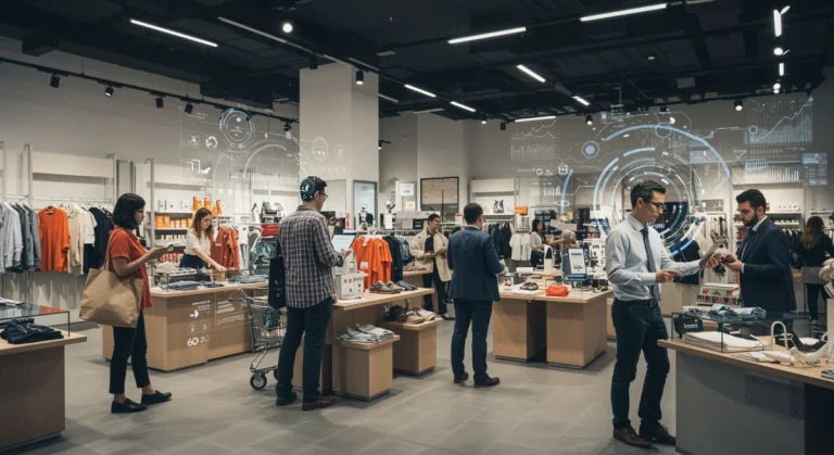 Modern retail store adapting to future consumer behaviors with digital screens and diverse shoppers.