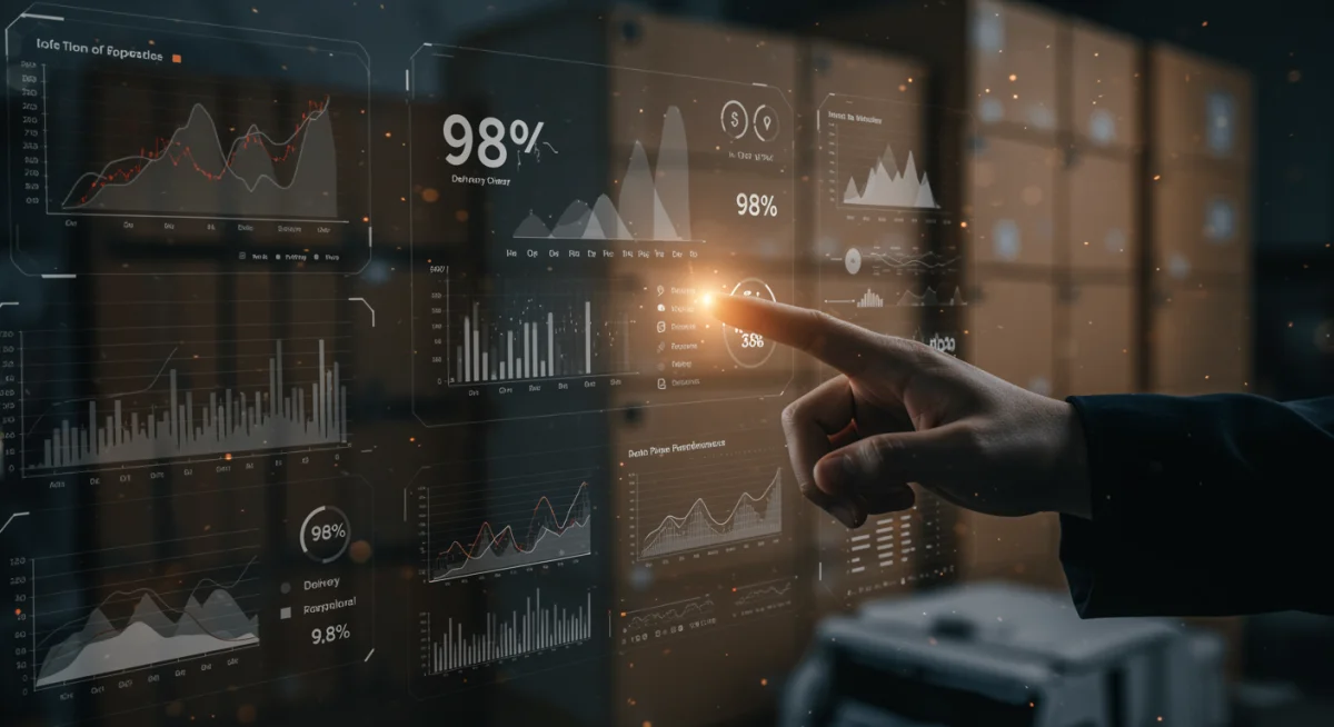 Real-time supply chain analytics dashboard showing delivery performance metrics.