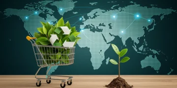 Sustainable e-commerce growth with eco-friendly shopping cart and global connections.