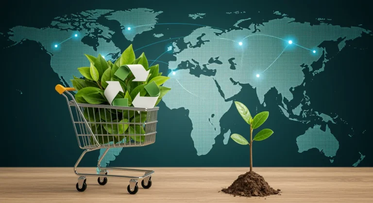 Sustainable e-commerce growth with eco-friendly shopping cart and global connections.