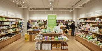 Sustainable retail store interior with eco-friendly products and reduced waste