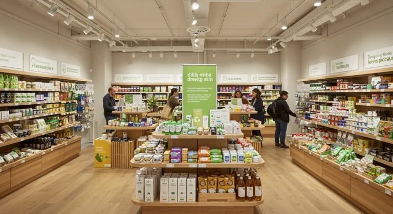 Sustainable retail store interior with eco-friendly products and reduced waste