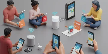 People using smart devices for voice commerce, reflecting future shopping trends.