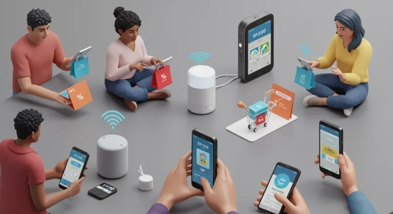 People using smart devices for voice commerce, reflecting future shopping trends.