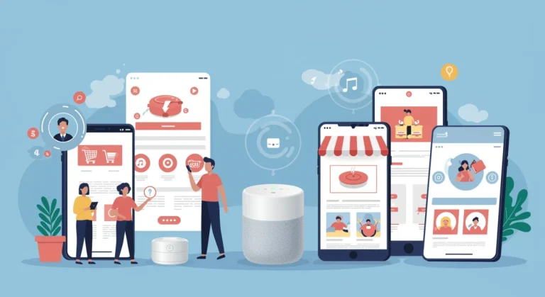 People using voice search on devices to find products online.
