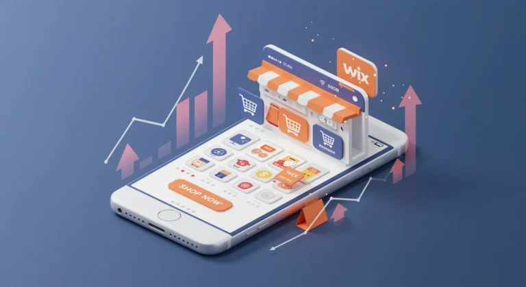 Wix E-commerce mobile interface showing a product page with a 6% conversion rate increase graphic.