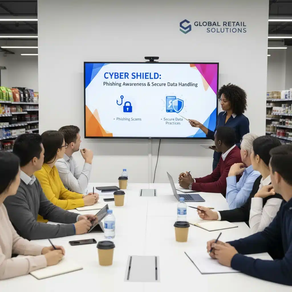 Retail employees undergoing essential cybersecurity awareness training.