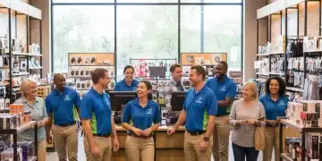 Happy retail team engaging with customers in a modern store environment.