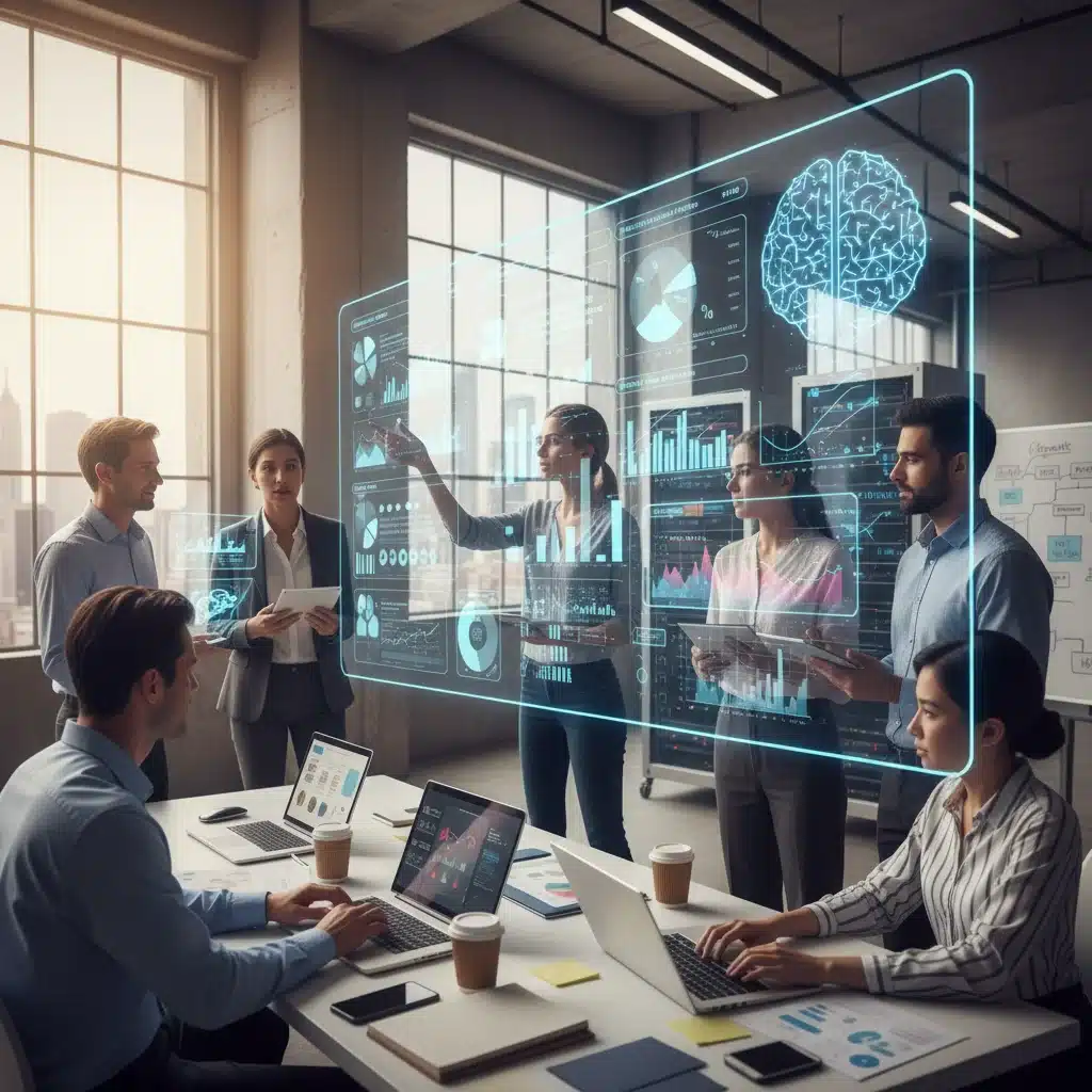 Digital marketers collaborating with AI tools for strategic decision-making.