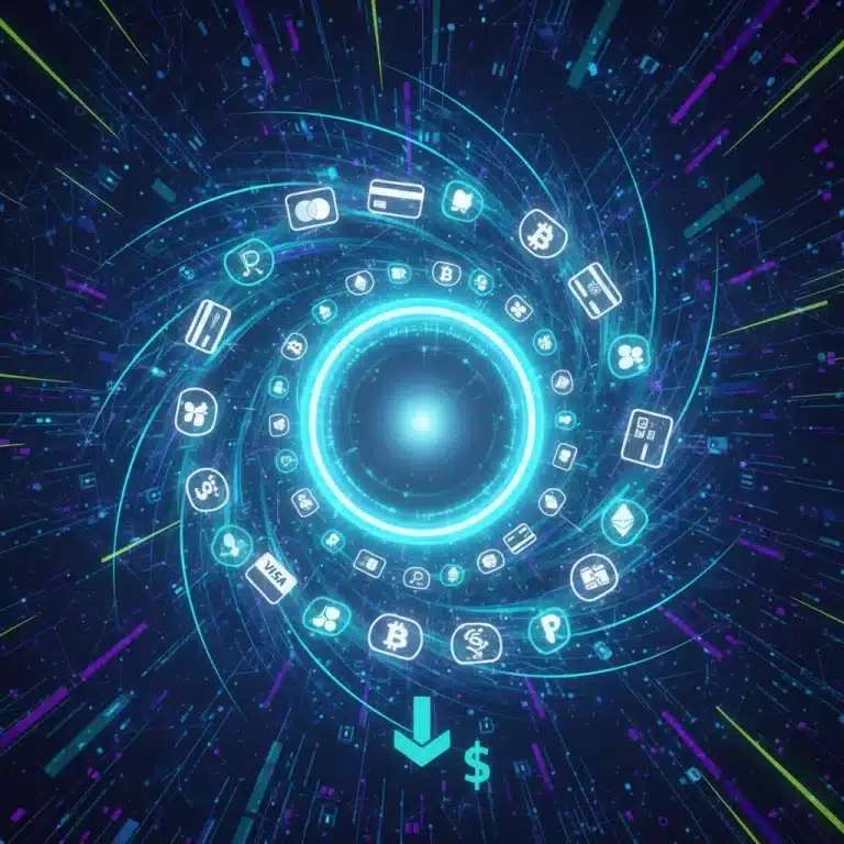Digital illustration of payment method icons integrating into a portal, representing reduced transaction fees.