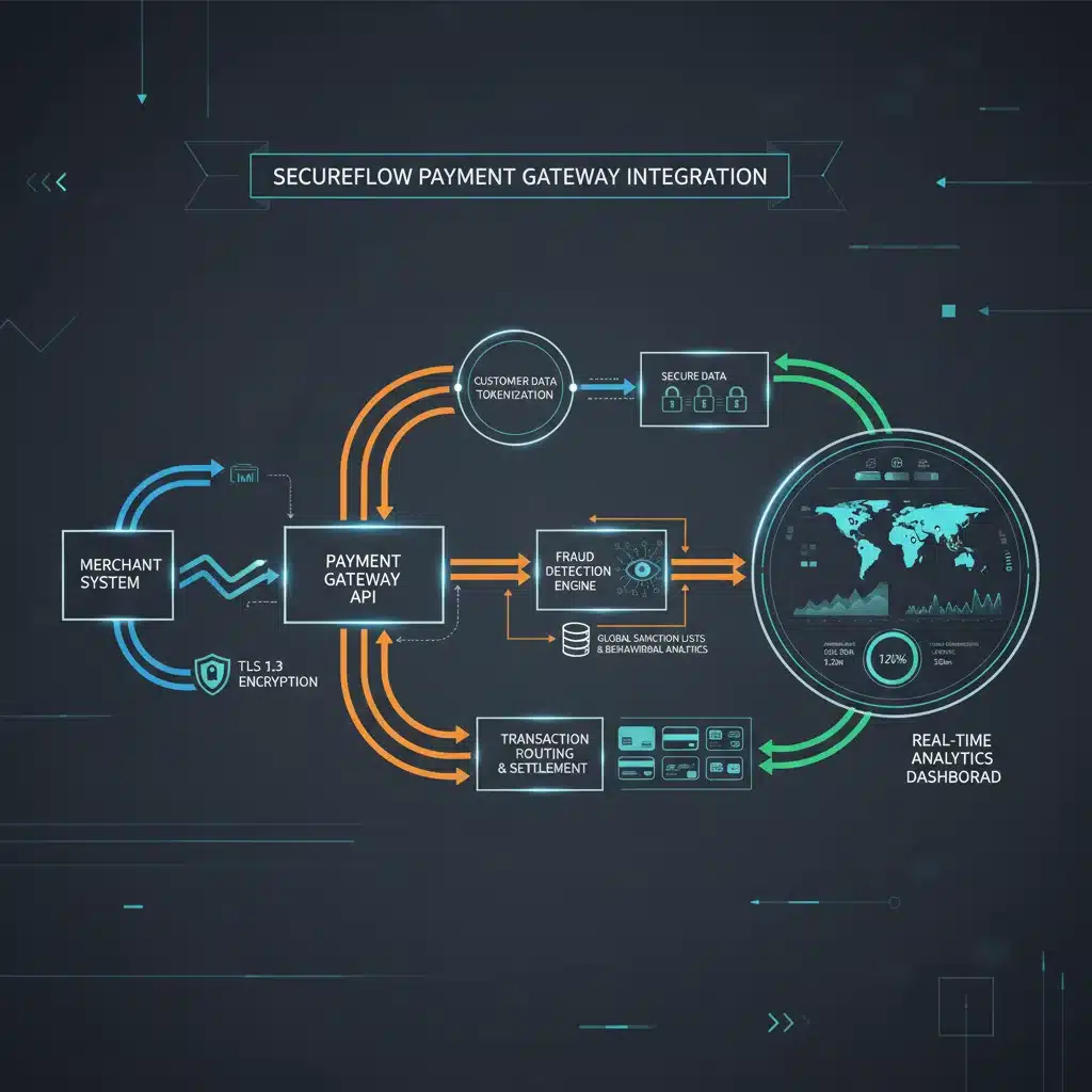 Diagram showing the workflow of payment gateway integration and data flow.