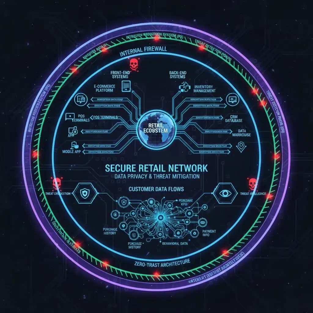 Complex retail data flow with integrated cyber security layers.