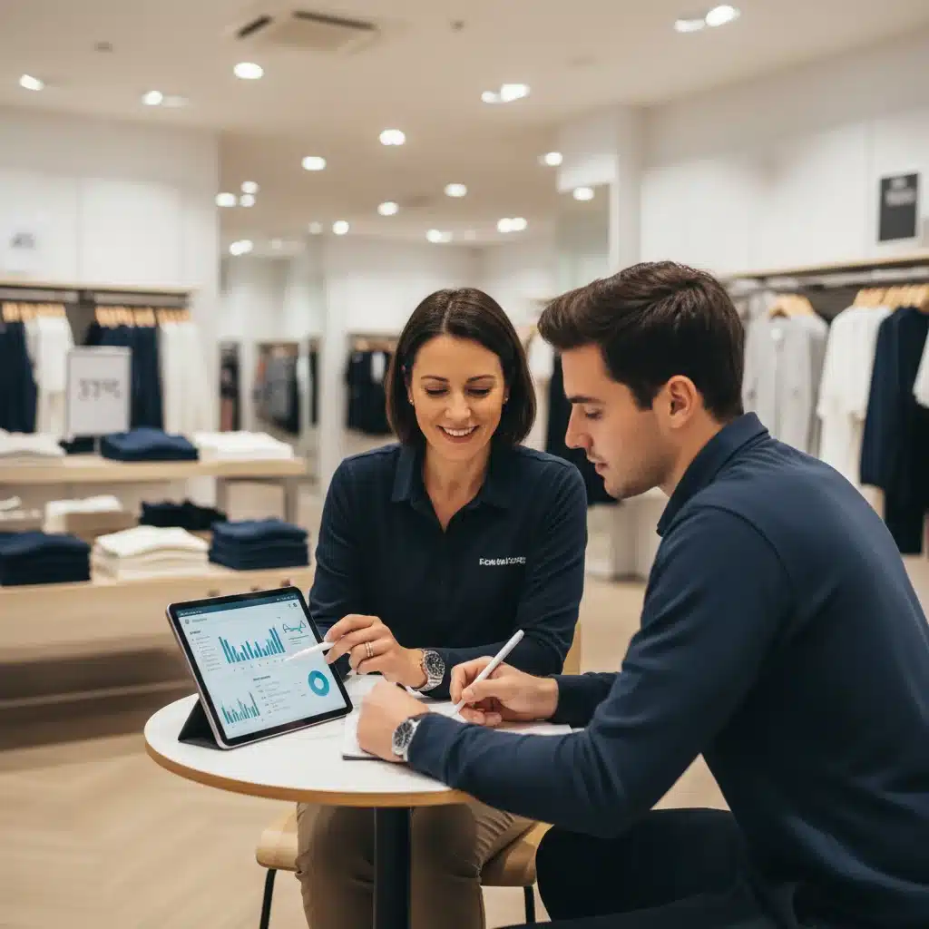 Retail manager coaching employee on performance and development.