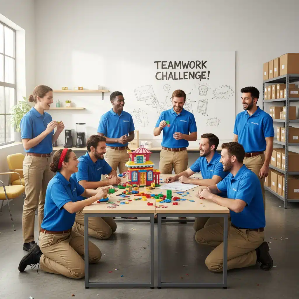 Retail team members collaborating during a team-building exercise.