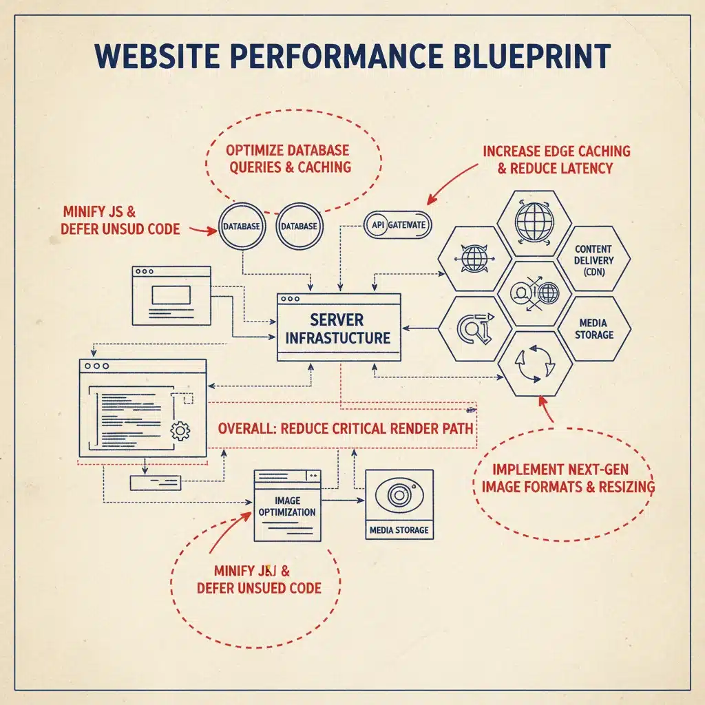 Technical blueprint of a website showing areas for performance optimization
