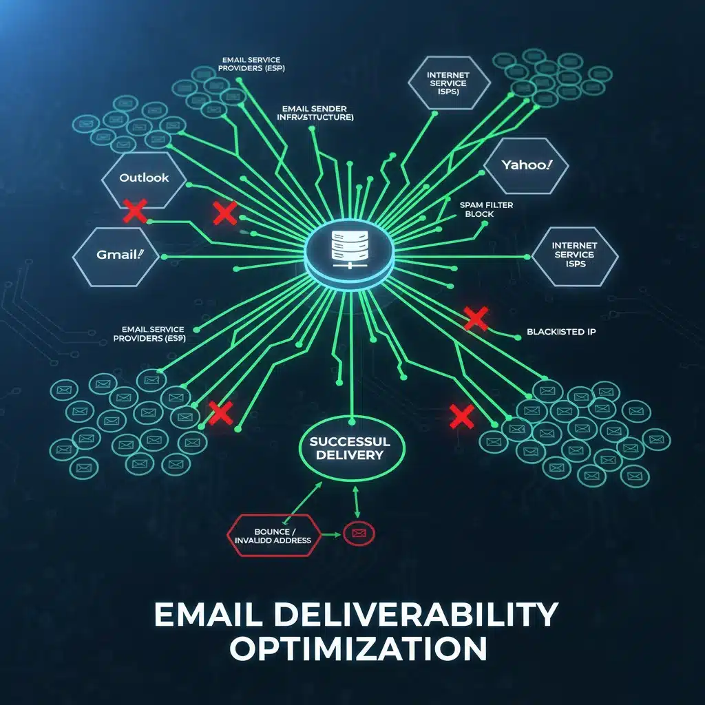 Email deliverability network showing successful paths