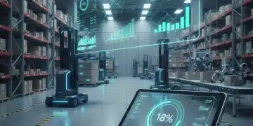 Futuristic warehouse with automated inventory management, real-time stock data, and 18% stockout reduction shown on a digital dashboard.