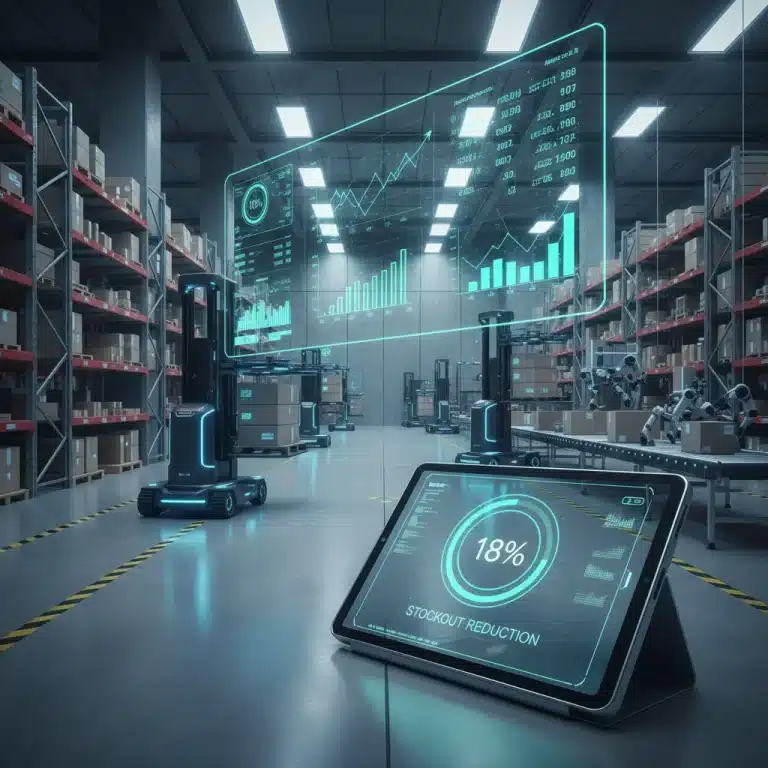 Futuristic warehouse with automated inventory management, real-time stock data, and 18% stockout reduction shown on a digital dashboard.