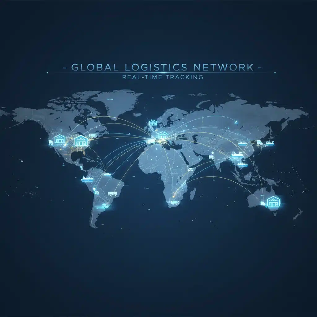 Global supply chain network with interconnected routes, showing real-time tracking of goods and optimized logistics.