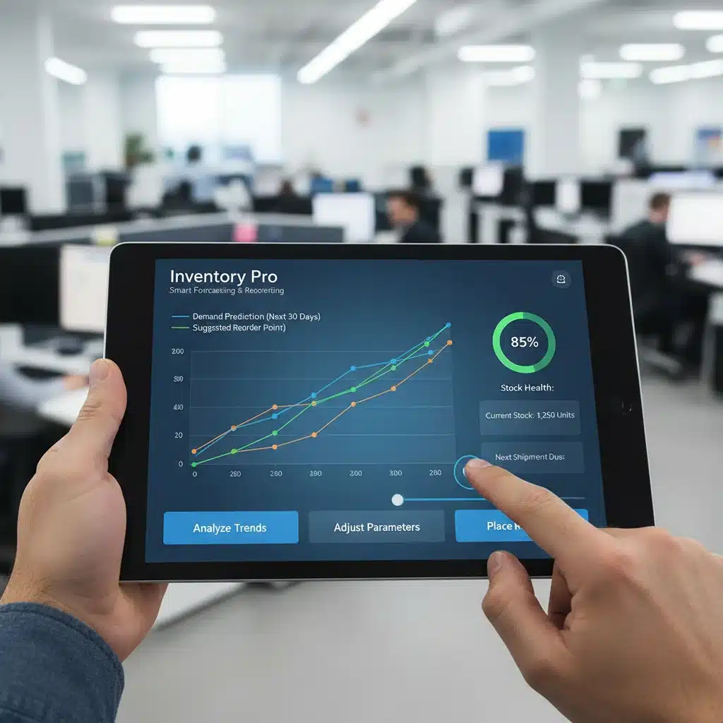 Tablet showing inventory forecasting interface with demand predictions and reorder points for efficient stock management.