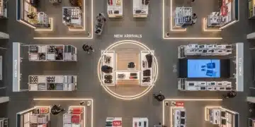 Modern retail store layout with clear pathways and engaging product displays.