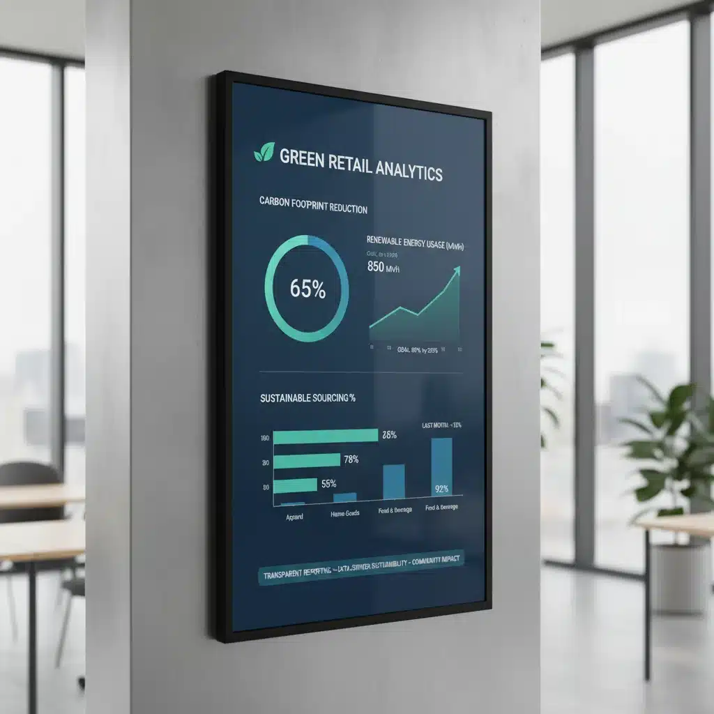 Digital dashboard showing key performance indicators for retail sustainability and environmental impact.