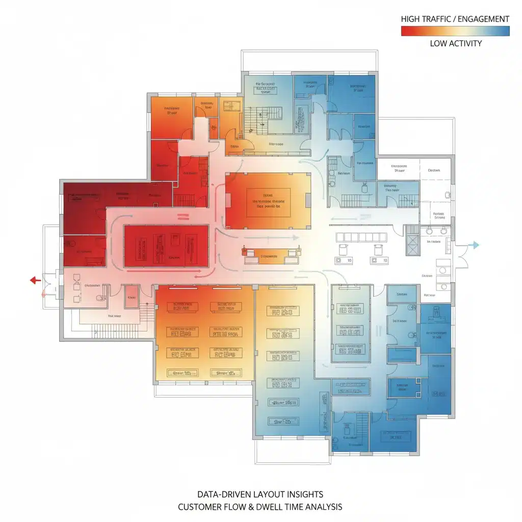 Retail store heat map showing customer traffic patterns and dwell zones.