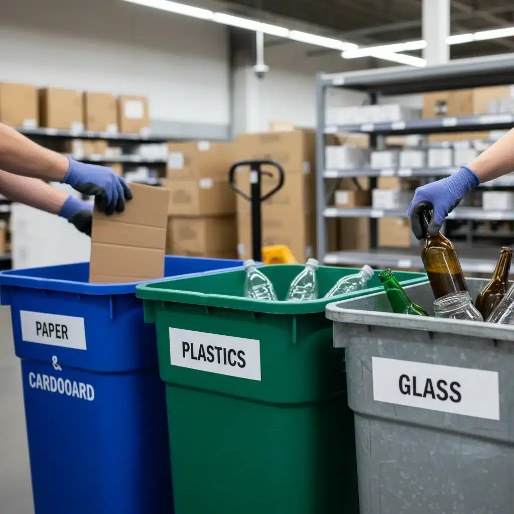 Retail employees actively sorting recyclable waste materials into designated bins.