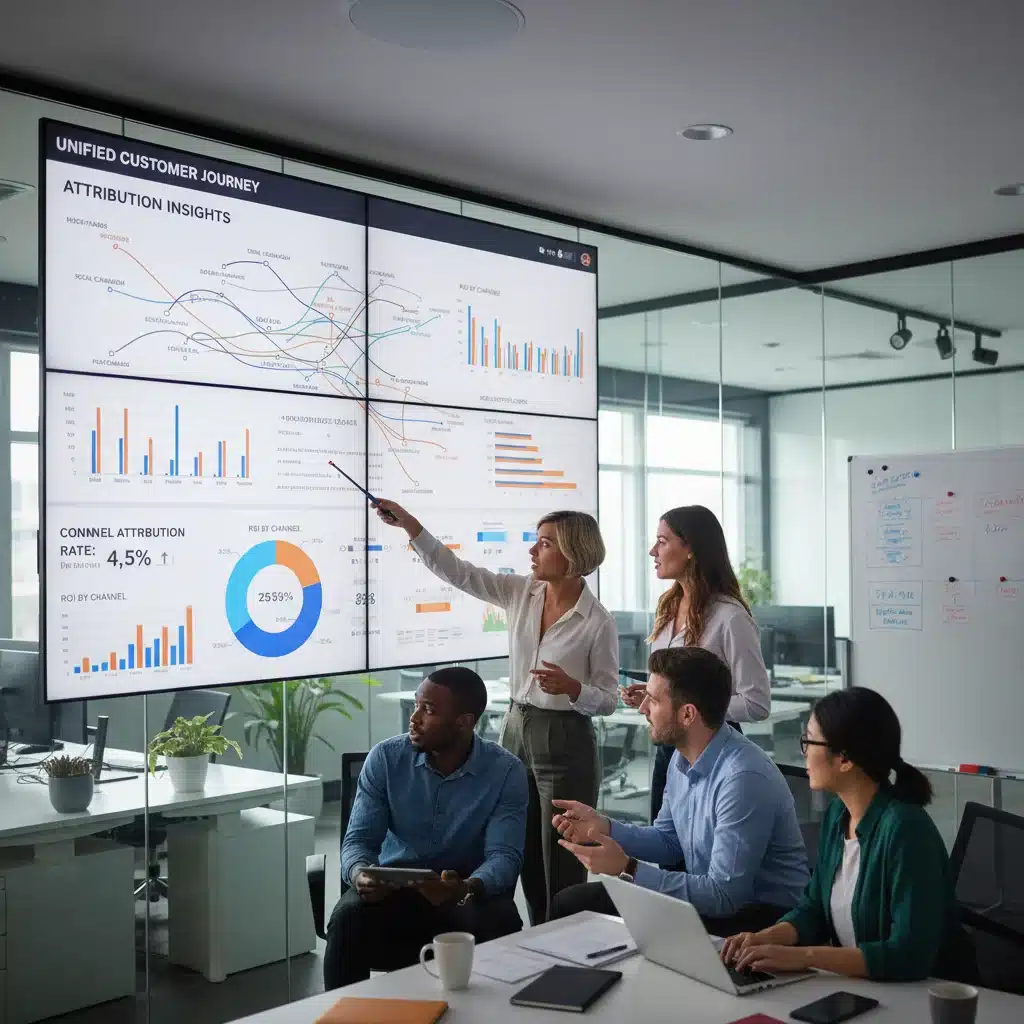 Marketing team analyzing unified customer journey data for attribution