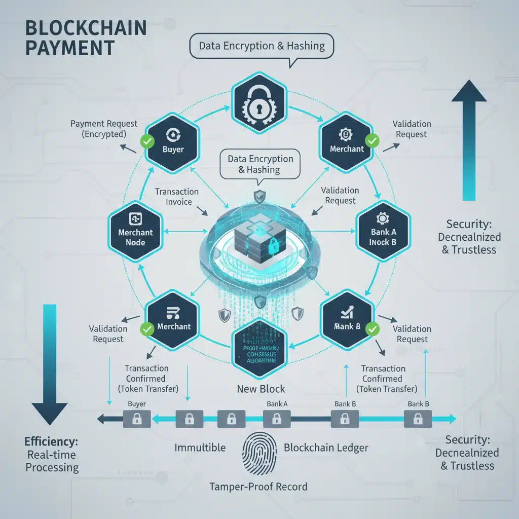 Infographic depicting secure blockchain payment process