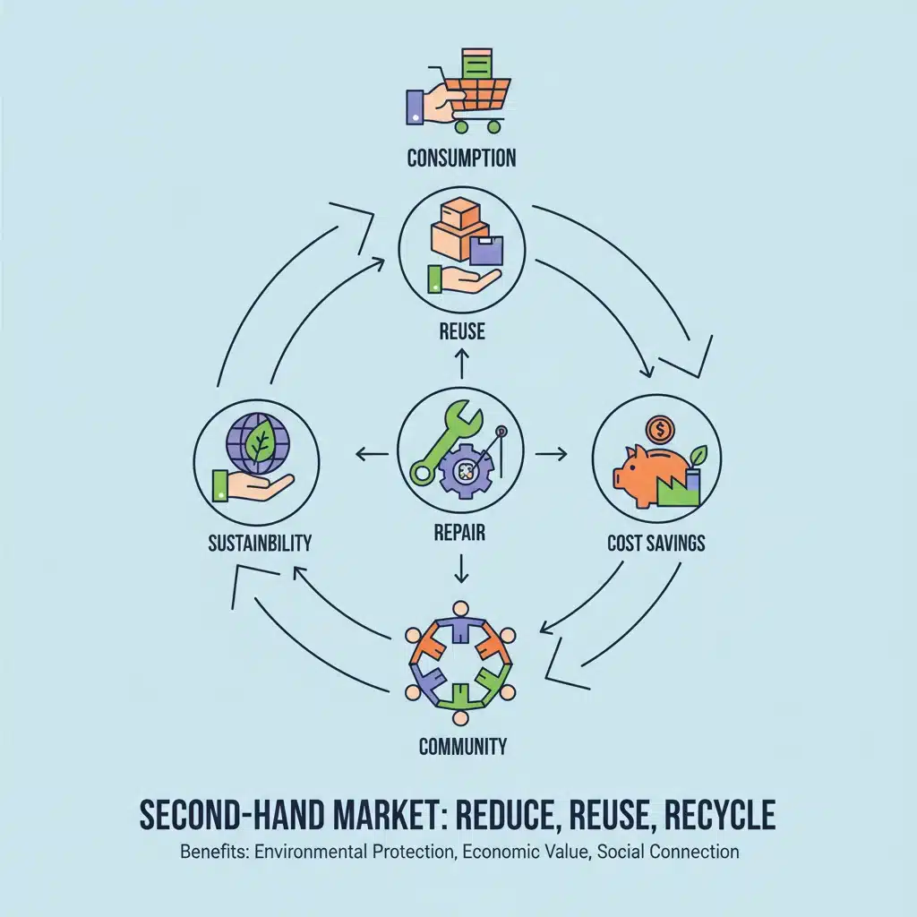 Circular economy illustration showing reuse, repair, and recycle, emphasizing sustainability benefits.