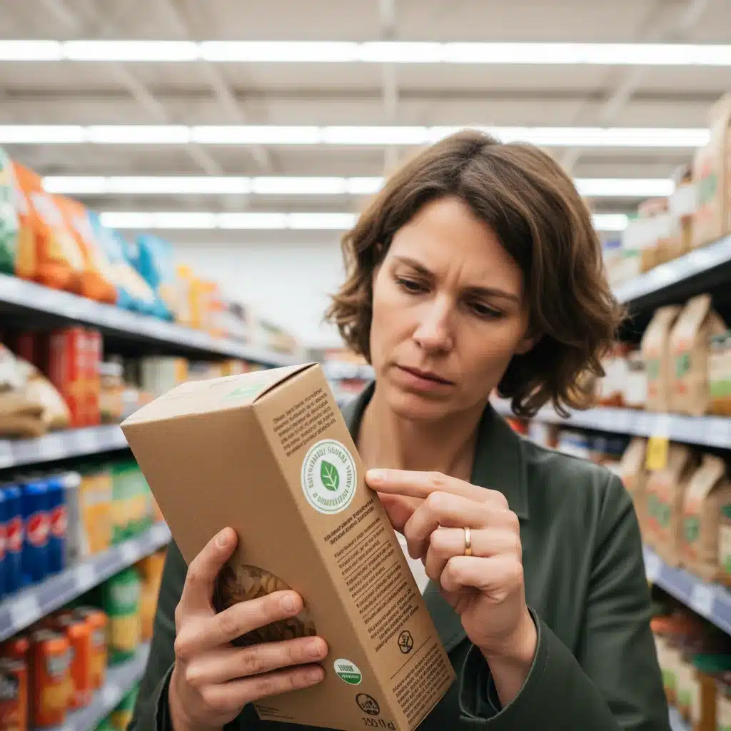 Consumer examining sustainable product packaging in a supermarket aisle, highlighting conscious purchasing decisions.