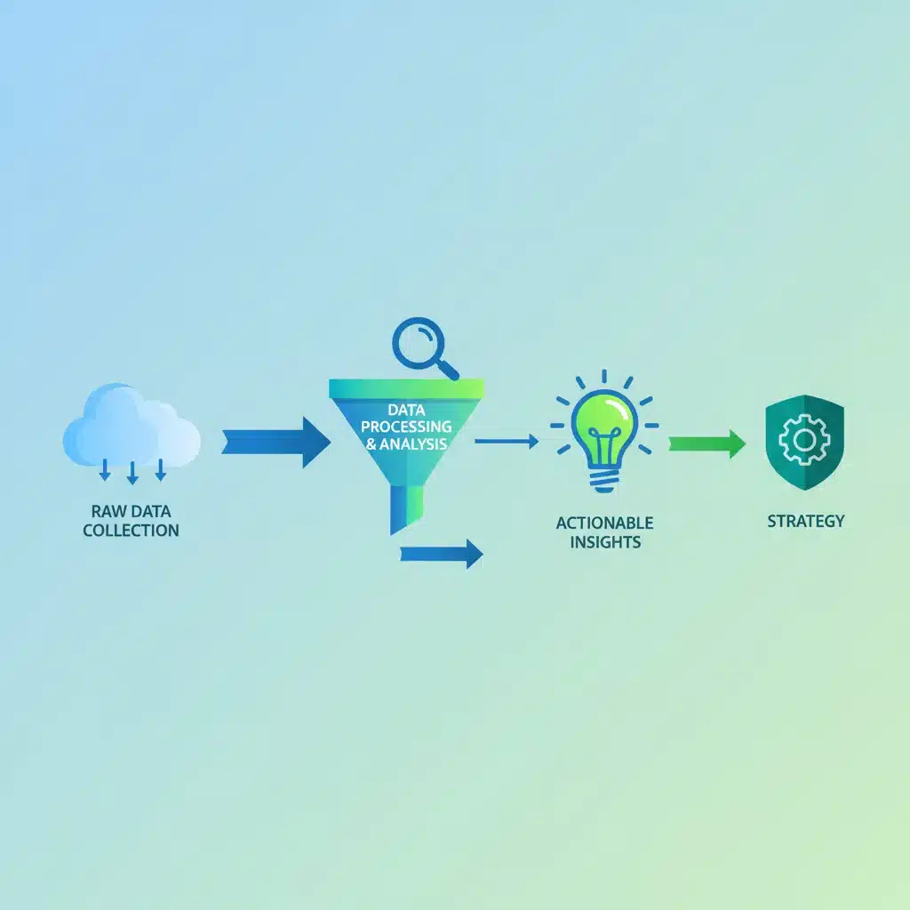 Infographic illustrating the journey from raw data to actionable insights and strategic decision-making.
