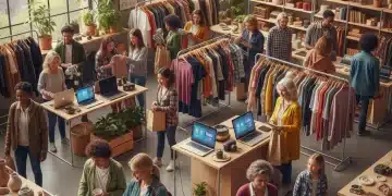 Diverse shoppers exploring a modern second-hand marketplace with clothing, electronics, and home goods, symbolizing sustainable consumerism.